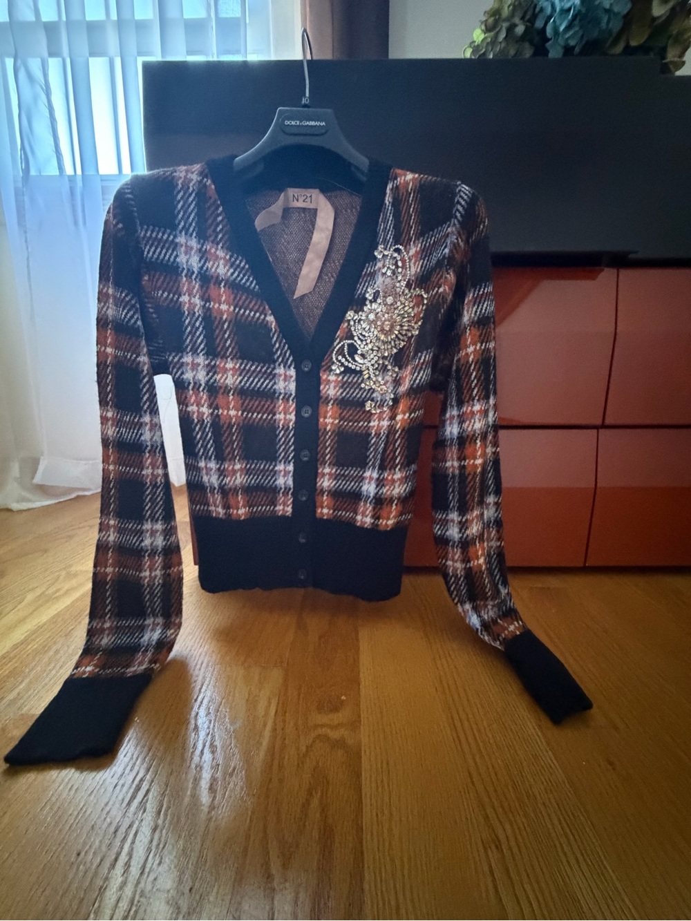 N 21 Plaid Embellished V-Neck Cardigan - Black & Brown made in Italy